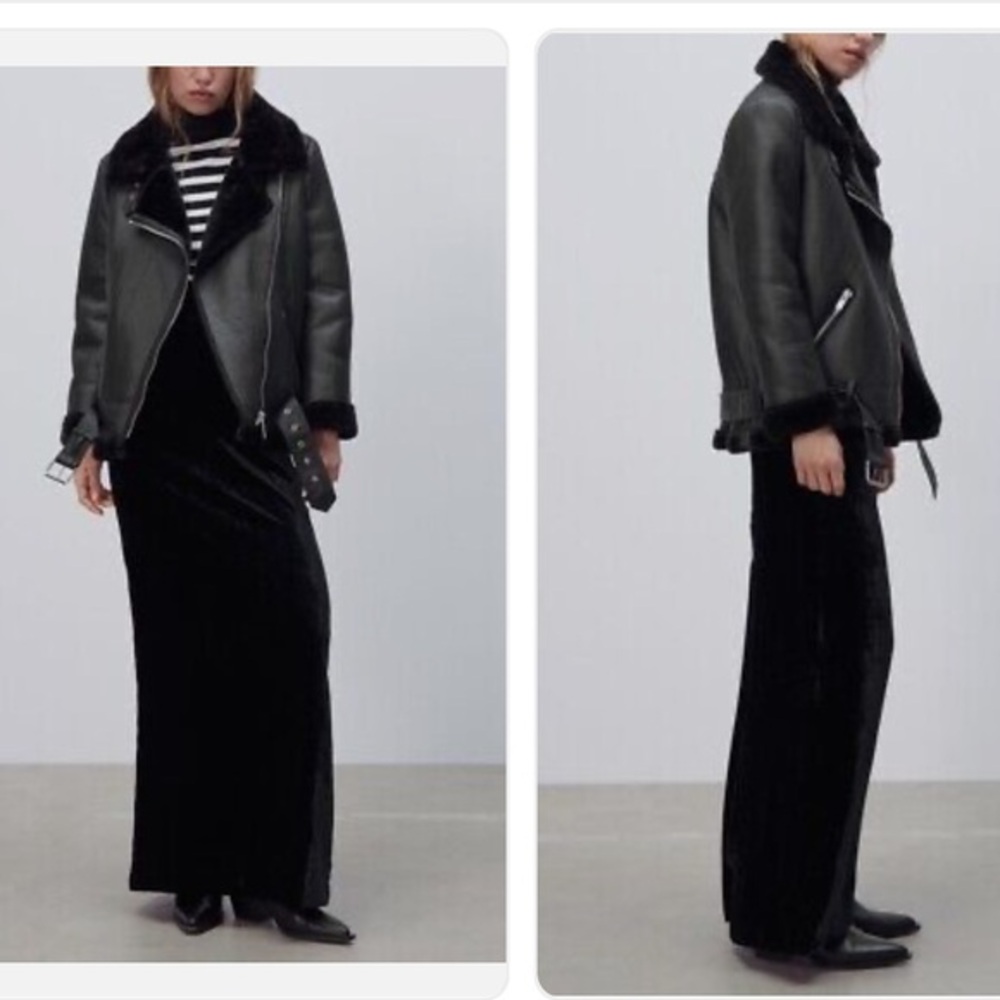 Zara biker moto double faced jacket shearling